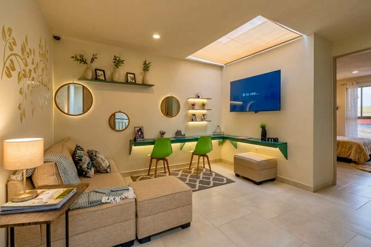 Sala flex interior del modelo LIVET V.2 — espacio adaptable para la familia moderna